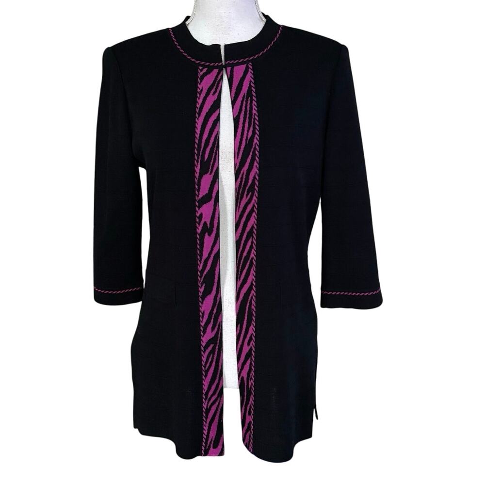 Ming Wang Size S Cardigan Sweater Animal Print Trim Pink Black